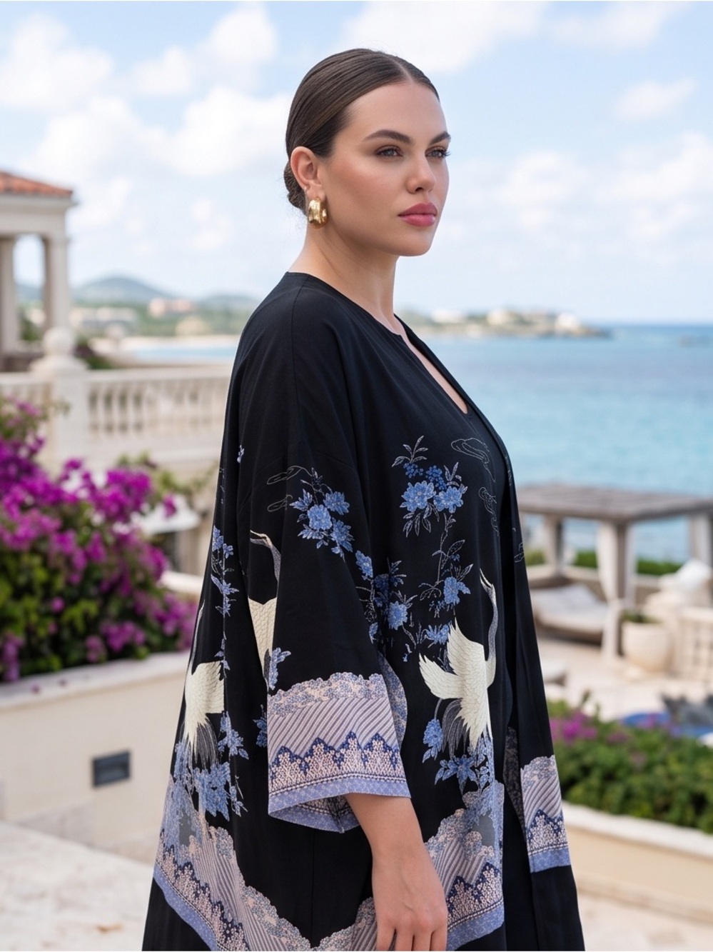 Citron 100% Silk Black Crane Floral Kimono Jacket Duster *has a few Small Snags - Picture 16 of 16